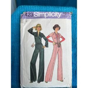 Simplicity 7423 Sewing pattern jumpsuit wide leg ribbon bag 1970s size 12
